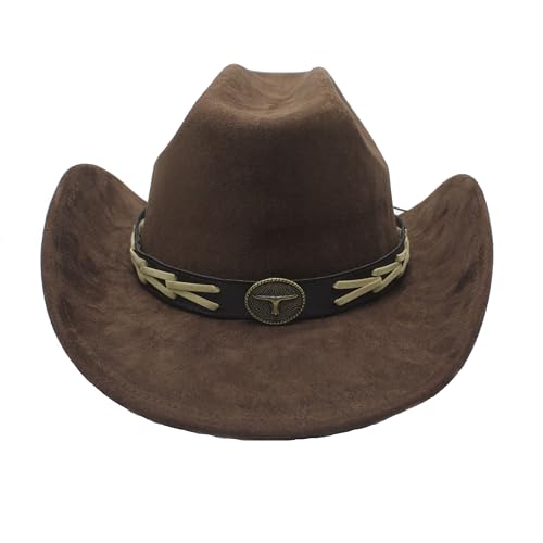 Image of Western Cowboy Hat for Women Men with Band Wide Brim Suede Cowboy Cowgirl Hat Western Style Hat