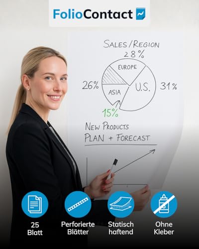 Folio Contact Whiteboard Folie – elektrostatisch haftend, wiederbeschreibbar & abwischbar – haftet ohne Kleber auf allen glatten Flächen – 60 x 80 cm - 25 Blatt - inkl. 1 board marker