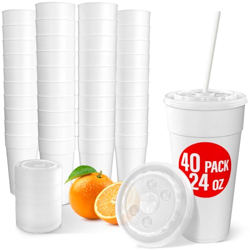 24 Oz Styrofoam Cups with Lids (40 Pack) Large Foam Cups for Hot and Cold Drinks Insulated White Styrofoam Coffee Cups Soda Juice Tea - Made in USA