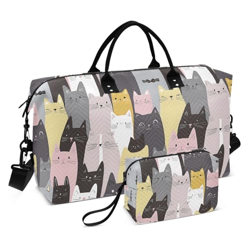 Cat Kitten Lovely Cartoon Large Travel Duffle Bag Weekender Overnight Bags Gym Yoga Bag for Women Men with Toiletry Bag