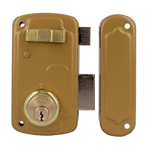 Amig - Cerradura de Sobreponer de Derecha con Palanca de Cierre, Lengüeta y Tirador para Puertas de Madera Mod. 75U - 66 x 120 mm - Cilindro Redondo de Seguridad - Acero Dorado