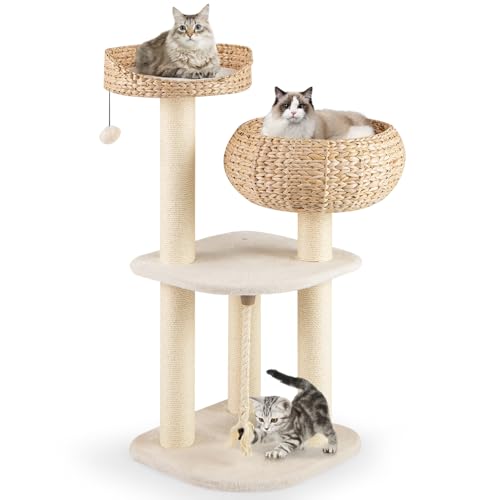 Tangkula Modern Cat Tree, Tall Cat Tower with Natural Sisal Scratching Post, Hand-Made Wicker Cat Condo & Top Perch, Funny Hanging Toy Ball, Cute Cat Tree Tower for Indoor Cats