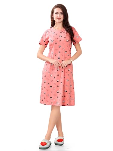 Image of Printed Knee Length Pocket Night Dresses for Women | Cat Lovers | Premium Soft Cotton Nighty | Sky Blue