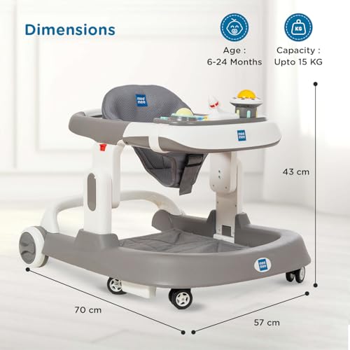 Image of Mee Mee 2-in-1Baby Walker | 3 Level Adjustable Height | Musical Detachable Toy Bar with Lights | Compact and Portable | Washable Cushioned Walker | Age 6-18 Months| 15kg | Grey