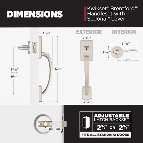 Image of Kwikset Brentford Front Door Handle No Lock, Entry Handleset Exterior with Sedona Interior Reversible Lever, Non-Locking, Satin Nickel, Deadbolt Not Included