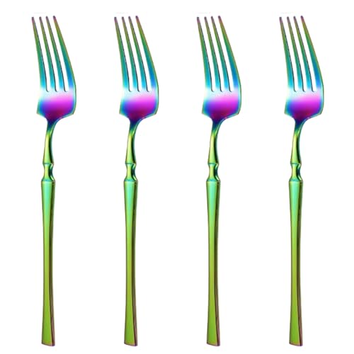 Image of Set of 4 Dinner Forks | 4-Piece Korean Vintage Style Flatware Fork Set | Dishwasher-Safe Stainless Steel Cutlery for Home, Restaurant & Gift Giving (Rainbow)