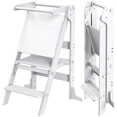 Toddler Tower Foldable with 3 Adjustable Heights & Double-Sided Drawing Board, Montessori Kitchen Step Stool Helper, Learning Stool with Safety Rail, Standing Tower for Counter Bathroom Sink (White) Cover