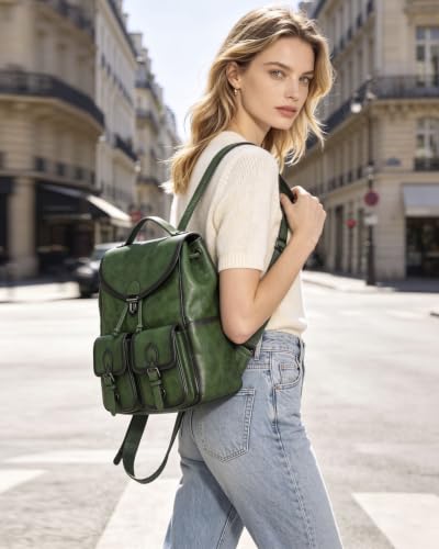Image of COOLCY Women Vintage Genuine Leather Backpack Purse Fashion Rucksack Practical and Stylish Retro Daypack Bag (Green)