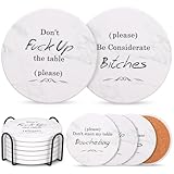 White Elephant Gifts for Adults, Funny Christmas Coasters Set of 6 with Holder Christmas Stocking Stuffers for Men Women, Best Absorbent Round Ceramic Coasters for Coffee Table, Drink, Beer, Bar, Wine