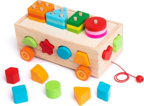 Image of SHINETOY Wooden Puzzle, Stacking, Shape Matching, Inlay, Toys, Montesorry, Stick Passing Blocks, Wooden Car Toy, for Children 1 Years, 2 Years, 3 Years, Boys, Girls, Babies, Shape Recognition