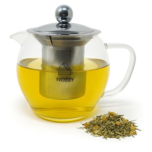 Nozzy Glass Teapot with Stainless Steel Infuser, 1200ml Borosilicate Tea Pot, Clear Modern Design with Strainer for Loose Tea, 4-6 Cups
