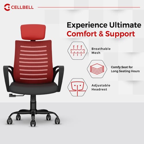 Image of CELLBELL Desire C104 Mesh High Back Ergonomic Office Chair - Adjustable Seat Height, Sturdy Metal Base, Revolving Study & Computer Chair for Work from Home, Red