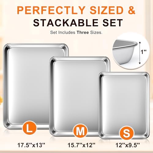 Baking Sheet Set of 3, Commercial Grade Stainless Steel Cookie Sheets for Baking, 12/16/17.5 Inch, Thicker and Firmer Baking Pans Set, Rust & Warp Resistant & Nonstick, Nontoxic&Heavy Duty&Easy Clean - Thumbnail 4
