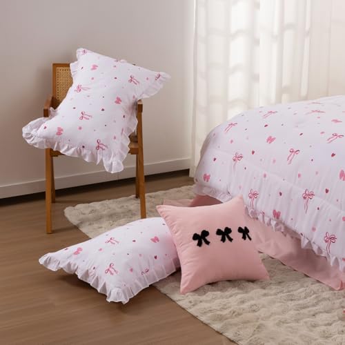 Image of A Nice Night Polka Dot Bow Comforter Set,6 Piece Bed in a Bag Chic Bowknot Bedding Sets,Princess Style,White Room Decor for Girls,Full