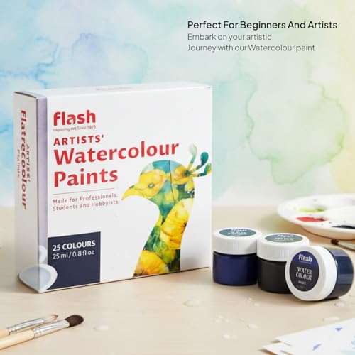 Image of Flash Water Colours Combo Pack with Brush & Pallett For Painting-Painting Kit for Kids Artists Professionals Hobby Painters-Matt Finish Rich Pigments Non Toxic Watercolor Set-25 ml each (Set of 25)