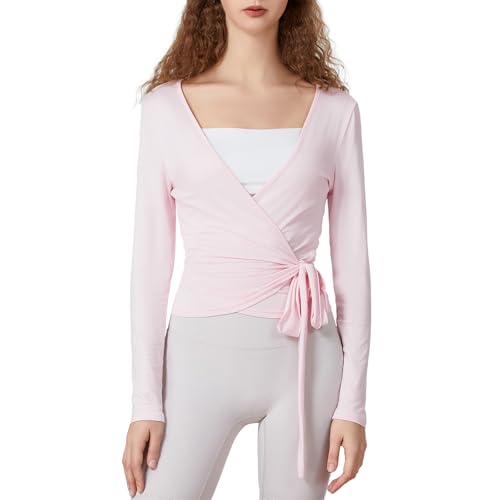 Geagodelia Langärmeliges Wickeloberteil für Damen, vorne zum Binden, eng anliegend, tiefer V-Ausschnitt, Cross-Wickel-Top, Workout, Pilates, Ballett, Yoga, Fitnessstudio, Sport, rose, 38