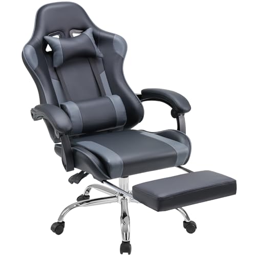 Image of DUMOS Gaming Office Desk Chair with Footrest and Headrest for Adults, PU Leather Ergonomic Video Computer Chair with Linkage Armrests, Height Adjustable 360 Swivel Recling, New Grey