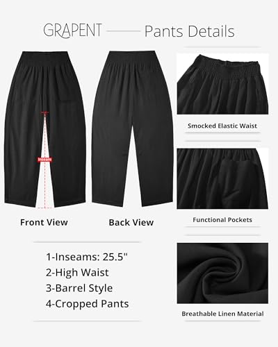 GRAPENT Linen Pants Women Wide Leg High Waisted Cropped Barrel Pull On Smocked Elastic Waist Summer Pants with Pockets3
