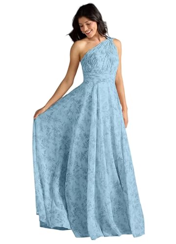CuteMe Women's Blue Floral Bridesmaid Dresses with Pocket Corset Formal Gowns for Engagement Party Empire Waist One Shoulder 2026 Maxi Dresses 14