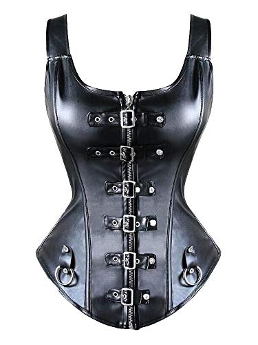 Vaslanda Women Steampunk Corset Vest Faux Leather Gothic Steel Boned Bustier Waist Cincher Corset Top Retro Black-11 6XL