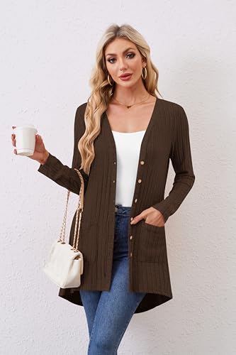Women Cardigans Open Front Lightweight Button Down Duster Long Cardigan Vertical Stripes Pockets for Casual Fall2