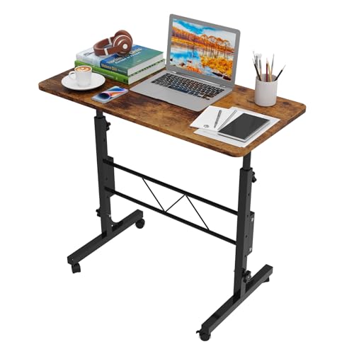 PIPIPOXER 80x40cm Laptoptisch mit Rollen, Laptoptisch Höhenverstellbarer 69-110 cm, Computertisch Mobiler Stehtisch Überbett-Tisch 360 Drehbaren Tischplatte, Beistelltisch fürs Sofa, Dunkelbraun