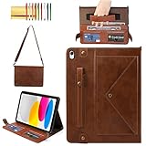 Handbag Case for iPad (A16) 11' 2025 & iPad 10th Gen 10.9', Techcircle Folio Stand PU Leather Multi-Card Slots Envelope Pocket Wallet Cover with Hand Strap+Shoulder Strap+Pen Holder, Coffee