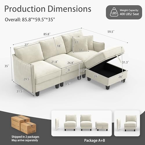 Image of Ihanherry 85.8 inch Modular L-Shaped Sectional Sofa, Modern 4-Seat Cloud Couch with Storage Ottoman, Comfy Chenille Convertible Furniture Set for Living Room, Apartment, Easy Assembly, Beige