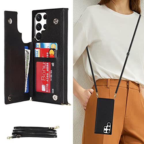 Defbsc Compatible With Samsung Galaxy S22 Ultra Case, Crossbody Wallet Case, Adjustable Detachable Lanyard Neck Strap With Kickstand Leather Card Holder Protective Cover-Black #TOP6