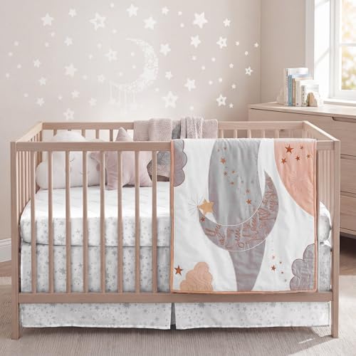 Image of SmoothNovelty 5 Pcs Moon Theme Celestial Crib Bedding Set Include Moon Knot Print Crib Sheets Bed Skirt Comforter Pad Cover Wall Stickers for Nursery Room Decoration