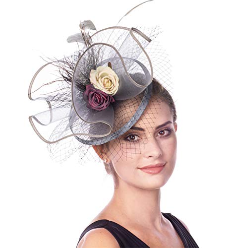Fascinators Hat for Women Flower Cocktail Tea Party Derby Kentucky Wedding Headwear Top Hat, 2-grey, Medium