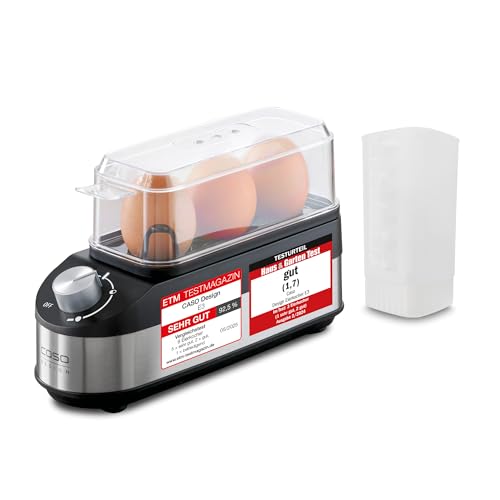 CASO E3 Eierkocher, stufenloser Drehregler für den gewünschten Härtegrad von weich bis hart, Zeit-, energie- und wassersparend im Vergleich zu Eiern aus dem Kochtopf, hochwertige Edelstahlblende