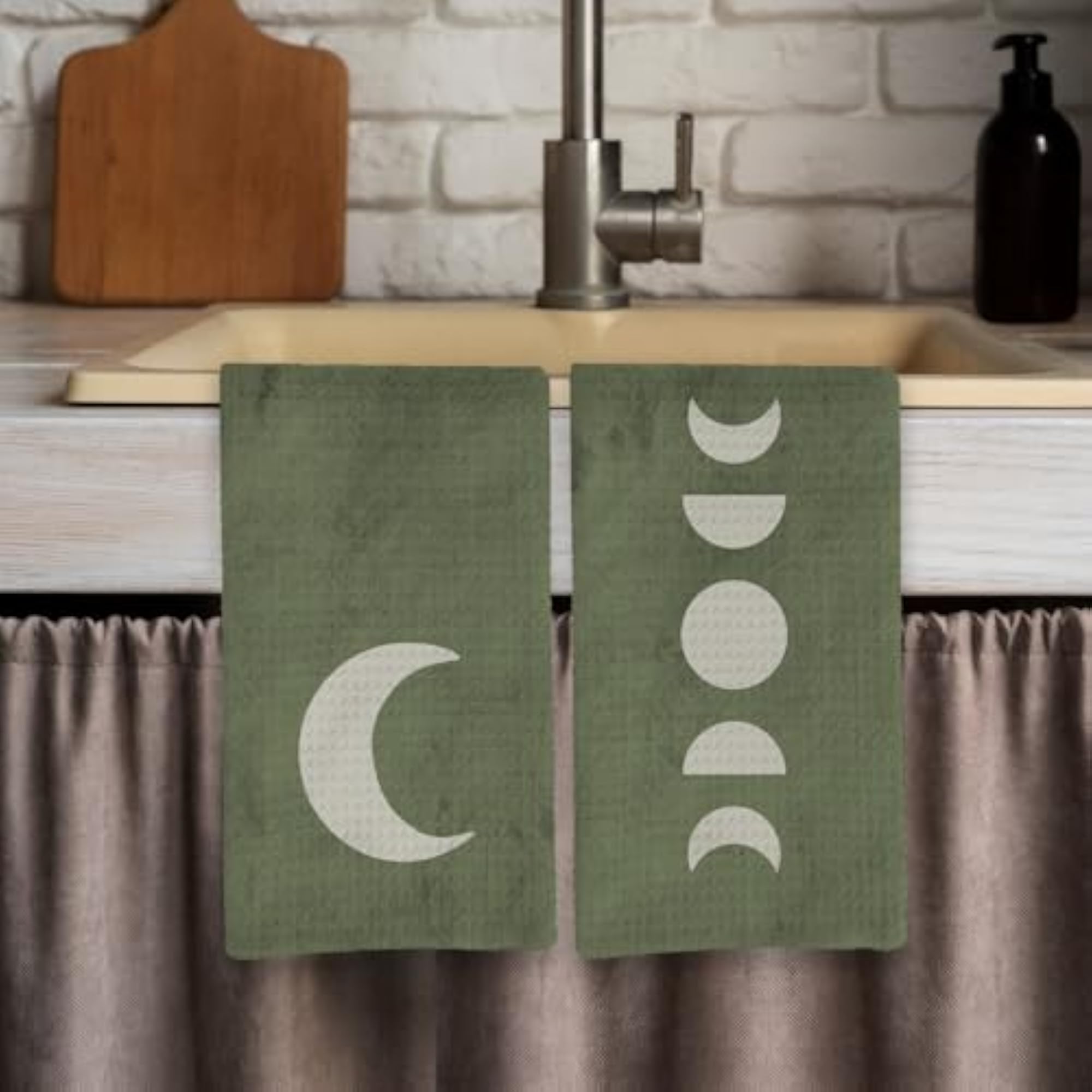Boho Green Sun Kitchen Towels Set of 4, Decorative Gifts