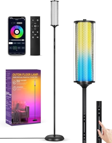 OUTON LED Bright Floor Lamp with Remote, Touch & APP Control, 165CM Tall Smart Standing Lamp, 16 Million Colors Modern RGB Corner Lamps for Living Room, Bedroom, Gaming, Black & Metal Lampshade