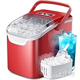 Countertop Portable Ice Maker Machine with Handle, 8 Bullet-Shaped Ice Cubes Ready in 6 Mins, 26Lbs/24H, Self-Cleaning Function with Ice Scoop and Basket for Home/Kitchen/Party (Red)