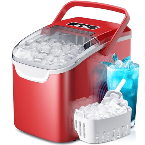 Image of Countertop Portable Ice Maker Machine with Handle, 9 Bullet-Shaped Ice Cubes Ready in 6 Mins, 26Lbs /24H, Self-Cleaning Function with Ice Scoop and Basket for Home /Kitchen /Party (Red)