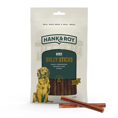 Hank & Roy All-Natural, Single-Ingredient Dog Bully Sticks, Long Lasting, Easily Digestible Dog Chews, Antibiotic and Hormone Free 6” Beef Pizzle Sticks for Dogs, Pack of 6