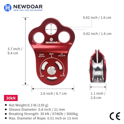 NewDoar 30 KN CE-zertifizierte DREI-Loch-Rettungs Kletterrolle Mikro Seilrolle für max. 13 mm Umlenkrolle mit Lager zum Abseilen, langlebige Seitenplatten-1 Stück