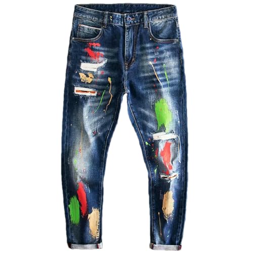 Streetwear Men Jeans Retro Blue Stretch Slim Fit Ripped ​​Trousers Men's Painted Hip Hop Splashed Denim Pants