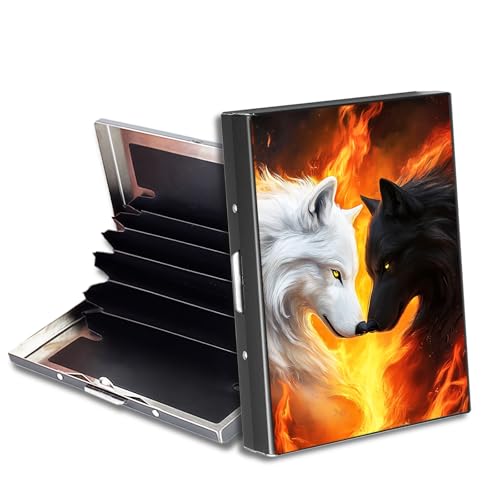 Metal Wallet for Men & Women, Slim RFID Blocking Aluminum Credit Card Holder with 6 Card Slots, Minimalist Front Pocket Wallet Thin Business Travel Holder Case, Black White Wolves in Flames