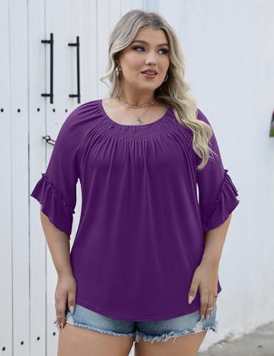 Image of Micoson Womens Plus Size Tops 3 /4 Ruffle Sleeve Crewneck Pleated Shirts