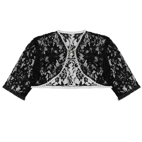 JEATHA Kids Girls 3/4 Sleeve Bolero Cardigan Shrug Floral Lace Open Front Sheer Mesh Cropped Outerwear Tops3