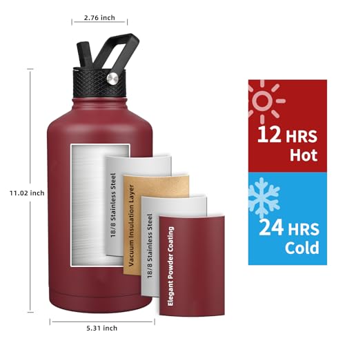Image of Insulated Water Bottle 87oz,Triple Wall Vacuum Stainless Steel(Dishwasher Safe),Leak Proof & Non-BPA,Flask Jug with Paracord Handle & Straw Spout Lids Sports Red