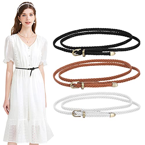 Triworks 3 Pack Women Braided Thin Belts Ladies Pu Leather Woven Skinny Belt For Dresses Pants Black/Brown/White #TOP4