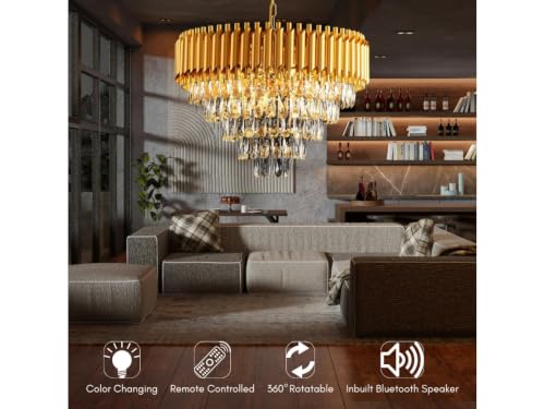 Image of Zingy Modern Gold Crystal Moving Chandelier, 600mm (60 Cm. (23.6 Inch) Round LED Pendant Light with Remote Control, Multicolour Changing,Luxury Contemporary Ceiling Light Fixture for Decoration A