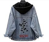 YUANYIRAN Damen Jeansjacke Bestickter Schmetterlingsmantel - Mit Kapuze Abnehmbare Lose Langarm Kurze Jeansjacken Knopf Oberbekleidung Boyfriend Top Für Damen Mädchen,Blau,Klein