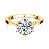 TJC Moissanite 2 Ct Solitaire Engagement Ring for Women 925 Sterling Silver 18K Vermeil Yellow Gold Plated, Round Solitaire Diamond Look a Like Ring Wedding Promise Silver Ring Jewellery Gift Size K