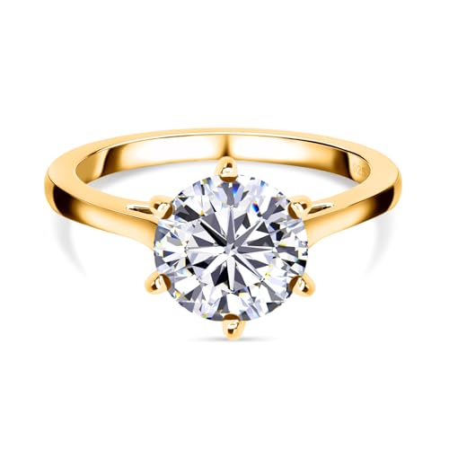 Image of TJC Moissanite 2 Ct Solitaire Engagement Ring for Women 925 Sterling Silver 18K Vermeil Yellow Gold Plated, Round Solitaire Diamond Look a Like Ring Wedding Promise Silver Ring Jewellery Gift Size V