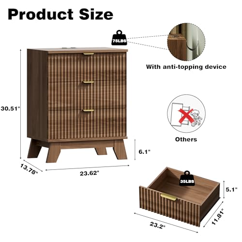 Image of Xixini Fluted Nightstand with Charging Station, Tall Bedside Table, Walnut