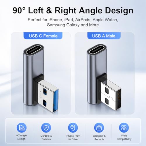 Image of Verilux 2Pcs Right Angle Type C Female to USB Male Adapter, Type C to USB 3.1 Charger Converter Support 10Gbps Speedy Data Transfer Compatible with iPhone 17 /16 /15, Galaxy S26 /S25 /S24, MacBook